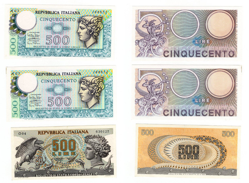 Repubblica Italiana - lotto di 3 banconote - 500 Lire Mercurio BS 26 A 2/14/74 -...