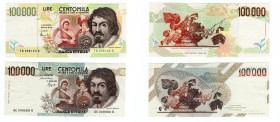 Repubblica Italiana - lotto di 2 banconote da 100.000 Lire - Caravaggio Secondo Tipo - BI 85 D 1997 - e - 100.000 Lire - Caravaggio Primo Tipo - BI 84...