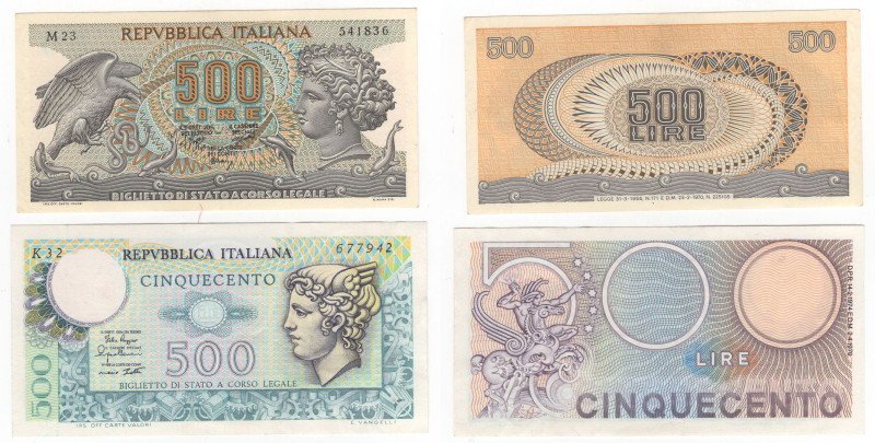 Repubblica Italiana - Lotto di 2 banconote da 500 lire "Aretusa" e 500 lire "Mer...