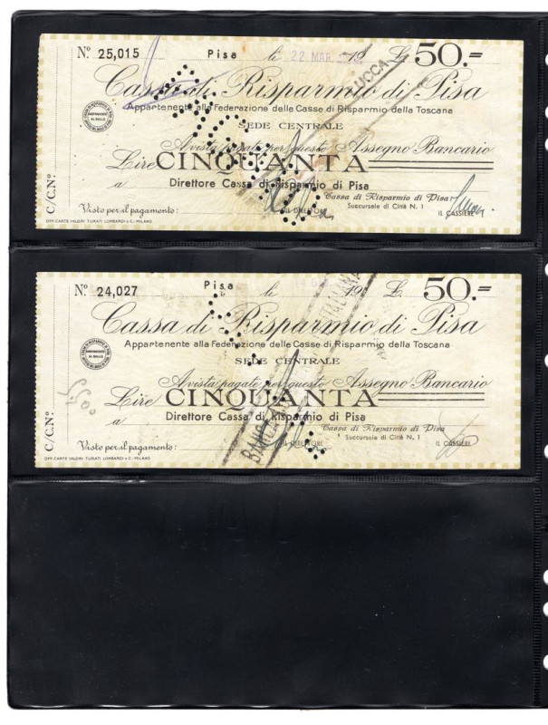 Cassa di Risparmio di Pisa - lotto di 2 assegni da 50 Lire 1944

SPL

SPEDIZ...