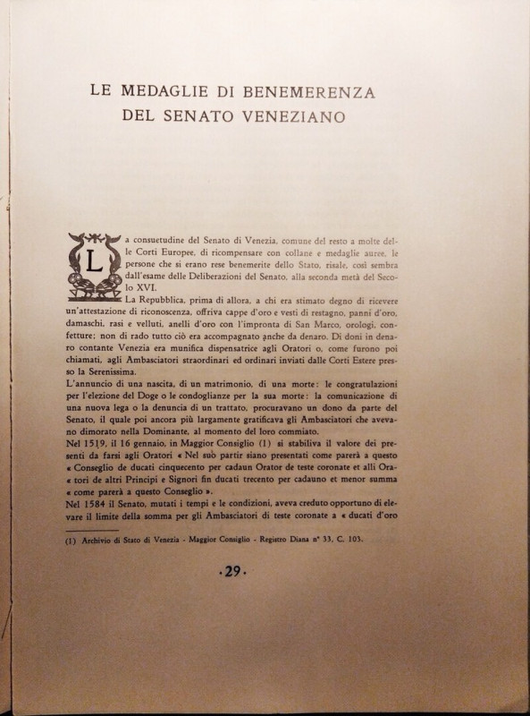 MAJER G. – Le medaglie di benemerenza del senato veneziano. Milano, 1927. pp. 27...