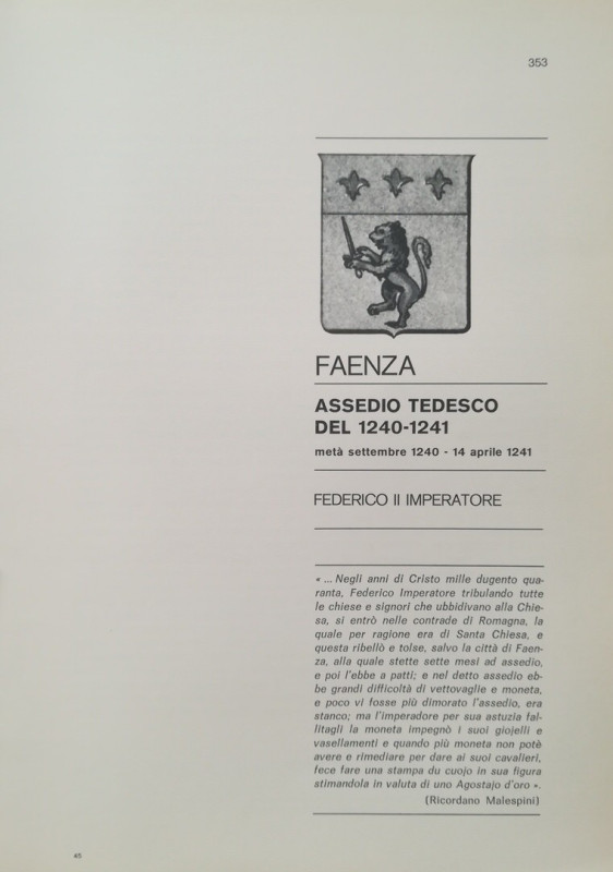 TRAINA M. – Gli assedi e le loro monete. –. Faenza: Assedio Tedesco del 1240-124...