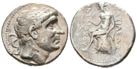 REINO SELEUCIDA, Antiochos II Soter. Tetradracma. (Ar. 16,62g/27mm). 261-246 a.C. Seleukeia. (Seaby 587). Anv: Cabeza laureada de Antiochos II a derec...