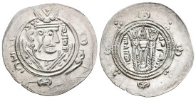 IMPERIO SASANIDA, Al-Rhasid. Hemidracma. (Ar. 1,84g/26mm). 170H. Tabaristan. (Album 73). Anv: Busto coronado de Al-Rhasid a derecha dentro de orla. Re...