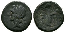 SICILIA, Catania. Ae16. (Ae. 2,70g/16mm). Siglo II a.C. (Calciati 26). Anv: Cabeza de Apolo a izquierda. Rev: Isis estante a derecha portando patera s...