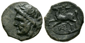 SCILIA, Panormos. Ae18. (Ae. 3,46g/18mm). 336-330 a.C. (HGC 2, 1058). Anv: Cabeza laureada de Perséfone a izquierda. Rev: Caballo saltando a izquierda...