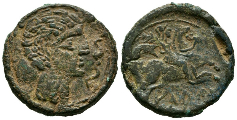 ALAUN (Alagón, Zaragoza). As. (Ae. 9,76g/26mm). 120-80 a.C. (FAB-62). Anv: Cabez...