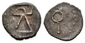CARTAGONOVA (Cartagena, Murcia). 1/12 Shekel. (Ar. 0,42g/10mm). 200-190 a.C. (FAB-557). Anv: Símbolo de tanit. Rev: Caduceo. MBC+.