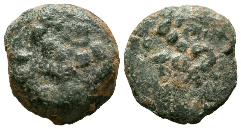 EBUSUS (Ibiza). 1/4 Calco. (Ae. 2,93g/11mm). 200-100 a.C. (¿FAB-910?). Anv: Bes ...