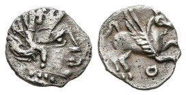 EMPORION (Ampurias, Gerona). Tritartemorion. (Ar. 0,25g/9mm). 220-215 a.C. (FAB-1105). Anv: Cabeza femenina a derecha. Rev: Pegaso volando a derecha. ...