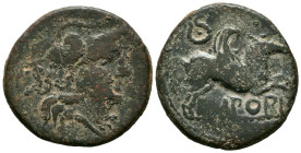 EMPORION (Ampurias, Gerona). As. (Ae. 10,32g/28mm). 50-27 a.C. (FAB-1246). Anv: Cabeza de Palas con casco a derecha. Rev: Pegaso a derecha, encima cor...