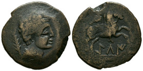 GILI (Gilet, Valencia). As. (Ae. 11,17g/27 mm). 120-20 aC (FAB-1388). Anv: Cabeza masculina con diadema a la derecha, detrás espiga. Rev: Jinete con p...