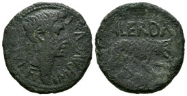 ILTIRTA (Lérida). As. (Ae. 6,12g/23mm). 27 a.C.-14 d.C. (FAB-1488). Anv: Cabeza de Augusto a derecha, alrededor leyenda: DIVI F IMP AVGVST. Rev: Lobo ...