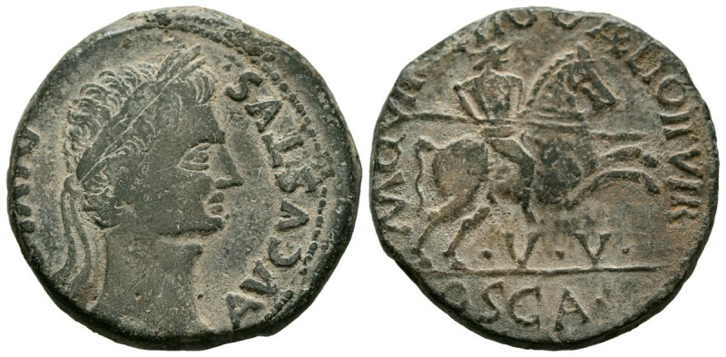 OSCA (Huesca). As. (Ae. 13,16g/27mm). 27 a.C-14 d.C. (FAB-1927). Anv: Caeza laur...