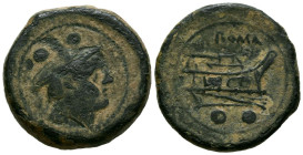 ACUÑACIONES ANONIMAS. Sextante. (Ae. 15,57g/27mm). 217-215 d.C. Roma. (Crawford 38/5). Anv: Cabeza de Mercurio con casco a derecha, encima dos puntos....