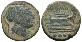 ACUÑACIONES ANONIMAS. Triente. (Ae. 16,53g/29mm). 215-212 a.C. Roma. (Crawford 41/7b). Anv: Cabeza de Roma a derecha, encima cuatro puntos. Rev: Proa ...