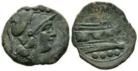 ACUÑACIONES ANONIMAS. Triente. (Ae. 5,19g/22mm). 211-208 a.C. Ceca incierta. (Crawford 56/4). Anv: Cabeza de Minerva con casco a derecha, encima cuatr...