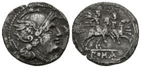 ACUÑACIONES ANONIMAS. Quinario. (Ar. 2,02g/16mm). 211-209 a.C. Roma. (Crawford 44/6). Anv: Cabeza de Roma a derecha, detrás V. Rev: Dioscuros sobre ca...