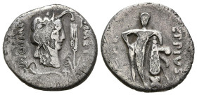 GENS CAECILIA. Denario. (Ar. 3,58g/18mm). 47-46 a.C. Africa. (FFC 217; Crawford 461/1). Anv: Cabeza de Africa a derecha, delante espiga, debajo arado,...
