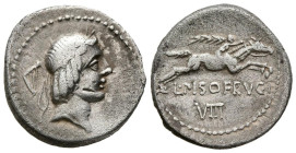 GENS CALPURNIA. Denario. (Ar. 3,60g/19mm). 90-89 a.C. Roma. (Crawford 340/1; FFC 243). Anv: Cabeza diademada de Apolo a derecha, detrás arpa. Rev: Jin...