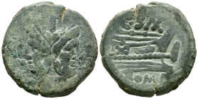 CLUVIS SAXULA. As. (Ae. 25,38g/32mm). 169-158 a.C. Roma. (Crawford 173/1). Anv: Cabeza de Jano bifronte, encima I. Rev: Proa a derecha, delante I, deb...