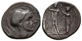 GENS CORNELIA. Denario. (Ar. 3,64g/18mm). 112-111 a.C. Ceca del sur de Italia. (Crawford 296/1h; FFC 609). Anv: Cabeza de Escipión el Africano a derec...