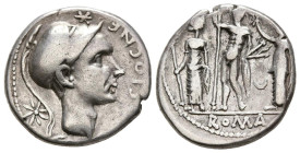 GENS CORNELIA. Denario. (Ar. 3,92g/18mm). 112-111 a.C. Italia central. (Crawford 296/1; FFC 610). Anv: Cabeza de Escipión el Africano a derecha, encim...