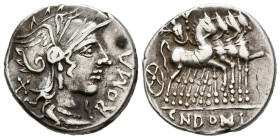 GENS DOMITIA. Denario. (Ar. 3,94g/19mm). 116-115 d.C. Roma. (Crawford 285/1; FFC 681). Anv: Cabeza de Roma a derecha, detrás X, delante: ROMA. Rev: Jú...