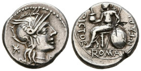 GENS FABIA. Denario. (Ar. 3,90g/17mm). 126 a.C. Roma. (Crawford 268/1a; FFC 696). Anv: Cabeza de Roma a derecha, delante letra: N y detrás estrella. R...