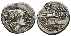 GENS FABIA. Denario. (Ar. 3,85g/20mm). 124 a.C. Norte de Italia. (FFC 697; Crawford 273/1). Anv: Cabeza de Roma a derecha, debajo X, delante leyenda: ...