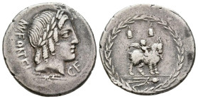 GENS FONTEIA. Denario. (Ar. 3,92g/21mm). 85 a.C. Sur de Italia. (Crawford 353/1d; FFC 721). Anv: Cabeza laureada de Apolo a derecha, debajo haz de ray...
