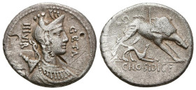 GENS HOSIDIA. Denario. (Ar. 3,82g/18mm). 68 d.C. Roma. (Crawford 407/2b; FFC 750). Anv: Busto diademado de Diana a derechacon arco y carcaj en la espa...
