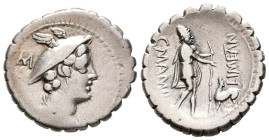 GENS MAMILIA. Denario. (Ar. 3,65g/20mm). 82 a.C. Taller auxiliar de Roma. (Crawford 362/1; FFC 835). Anv: Cabeza de Mercurio a derecha, detrás caduceo...