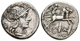 GENS MARCIA. Denario. (Ar. 3,84g/18mm). 134 a.C. Roma. (Crawford 245/1; FFC 850). Anv: Cabeza de Roma a derecha, delante estrella, detrás modio. Rev: ...