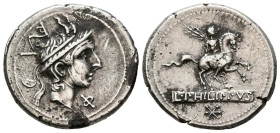 GENS MARCIA. Denario. (Ar. 3,83g/20mm). 113-112 a.C. Italia Central. (FFC 852; Crawford 293/1). Anv: Cabeza de Filipo V de Macedonia a derecha, delant...
