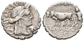 GENS MARIA. Denario. (Ar. 3,91g/18mm). 81 a.C. Taller auxiliar de Roma. (Crawford 378/1c; FFC 901). Anv: Cabeza laureada de Ceres a derecha, encima: L...