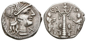 GENS MINUCIA. Denario. (Ar. 3,88g/19mm). 135 a.C. Taller auxiliar de Roma. (Crawford 242/1; FFC 924). Anv: Cabeza de Roma a derecha, delante: X, detrá...