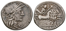GENS PAPIRIA. Denario. (Ar. 3,85g/20mm). 122 a.C. Taller auxiliar de Roma. (FFC 958; Crawford 279/1). Anv: Cabeza de Roma a derecha, detrás X. Rev: Jú...