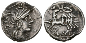 GENS PORCIA. Denario forrado. (Ar-Ae. 3,32g/18mm). 125 a.C. Roma. (FFC 1051; Crawford 270/1). Anv: Cabeza de Roma a derecha, delante estrella, detrás ...