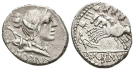 GENS POSTUMIA. Denario. (Ar. 3,88g/18mm). 96 a.C. Taller auxiliar de Roma. (Crawford 355/9; FFC 1065). Anv: Busto de Diana a derecha con arco y carcaj...