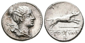 GENS POSTUMIA. Denario. (Ar. 3,85g/18mm). 74 a.C. Roma. (Crawford 394/1a; FFC 1073). Anv: Cabeza de Diana a derecha, arco y carcaj en su espalda. Rev:...