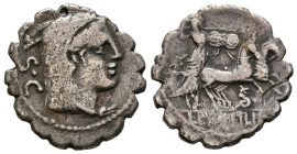 GENS PROCILIA. Denario. (Ar. 3,47g/18mm). 80 a.C. Sur de Italia. (Crawford 379/2; FFC 1082). Anv: Cabeza de Juno Sospita con piel de cabra a derecha, ...