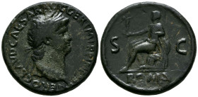 NERON. Sestercio. (Ae. 25,79g/35mm). 62-68 d.C. Lugdunum. (RIC 442). Anv: Cabeza laureada de Nerón a derecha, alrededor leyenda: NERO CLAVD CAESAR AVG...