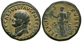 VESPASIANO. Dupondio. (Ae. 12,92g/27mm). 73 d.C. Roma. (RIC 581). Anv: Cabeza radiada de Vespasiano a izquierda, alrededor leyenda: IMP CAES VESP AVG ...