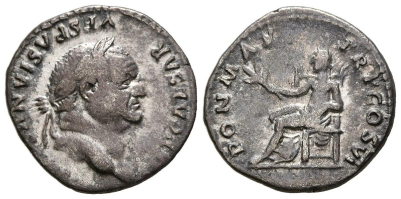 VESPASIANO. Denario. (Ar. 3,05g/18mm). 75 d.C. Roma. (RIC 772). Anv: Cabeza laur...