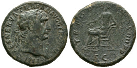 TRAJANO. Sestercio (Ae. 25.00g/34mm). 101-102 d.C. Roma. (RIC-432). Anv: Cabeza laureada a derecha, alrededor leyenda: IMP CAES NERVA TRAIAN AVG GERM ...