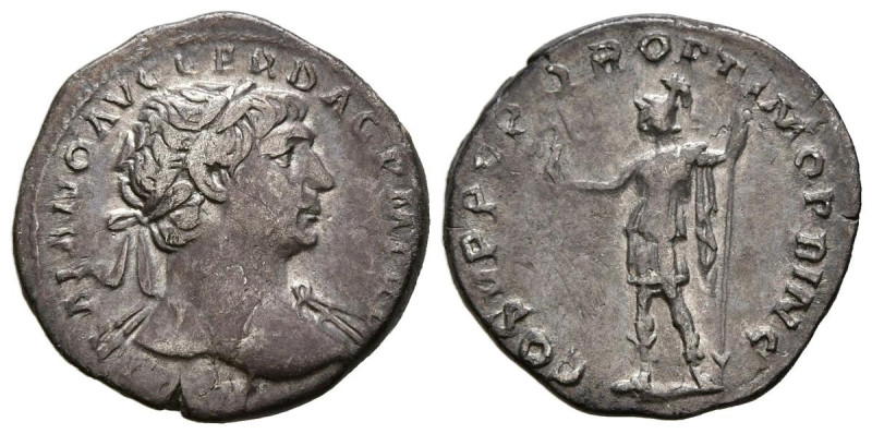 TRAJANO. Denario. (Ar. 2,50g/19mm). 107-110 d.C. Roma. (RIC 115 var). Anv: Busto...
