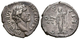 ANTONINO PIO. Denario. (Ar. 3,14g/19mm). 145-161 d.C. Roma. (RIC 127). Anv: Cabeza laureada de Antonino Pío a derecha, alrededor leyenda: ANTONINVS AV...