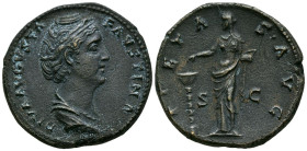 FAUSTINA I. Sestercio. (Ae. 24,20g/33mm). 140-141 d.C. Roma. (RIC 1146a). Anv: Busto diademado y drapeado de Faustina I a derecha, alrededor leyenda: ...