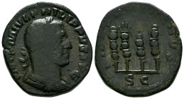 FILIPO I. Sestercio. (Ae. 16,02g/29mm). 244-249 d.C. Roma. (RIC 171a). Anv: Busto laureado y drapeado de Filipo I a derecha, alrededor leyenda: IMP M ...